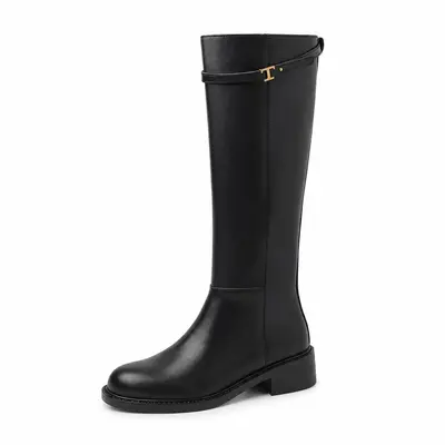 Women's Long Riding Boots, Square Toe, Low Heel, Side Zip