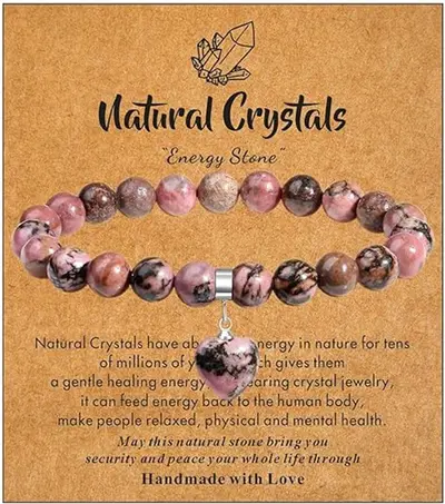 8mm Natural Stone Elastic Beaded Bracelet with Heart Stone Pendant - 8