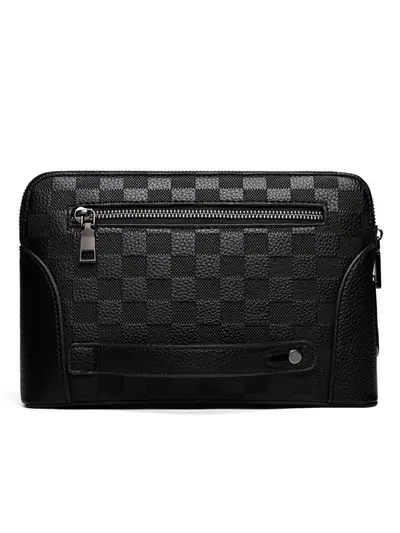 Men's Clutch Bag with Fingerprint Lock, Phone and Coin Compartments, Checkered Pattern - 4