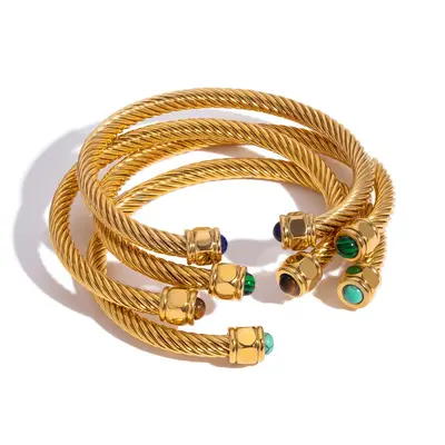 Natural Stone Titanium Steel Open Bangle, Non-Fading