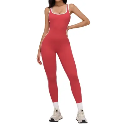 Grenzüberschreitender Nacktgefühl-Yoga-Overall mit Kontrastfarben-Einfassung, großzügigem Ausschnitt, Fitnessbekleidung, Laufbekleidung, Sportoverall für Damen 9528