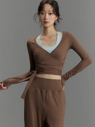Kadın Yoga Takımı Uzun Kollu Yumuşak Nefes Alabilen Gevşek Kesim Yuvarlak Yaka T-Shirt - 4