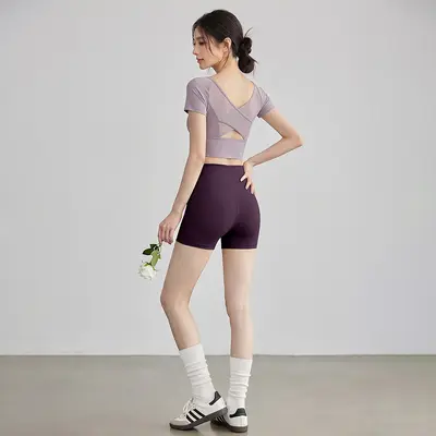 Kadın Kısa Kollu Yoga Üstü, Çapraz Açık Sırt, Mesh Koşu ve Pilates - 9
