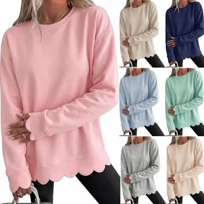 Women's Solid Color Round Neck Long Sleeve Fan-Cut Sweatshirt - 1
