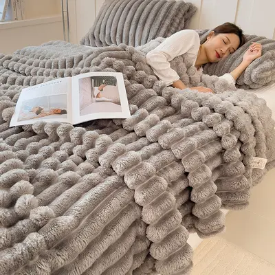 Rabbit Fur Plush Blanket, Thick Coral Fleece Winter Throw - 8