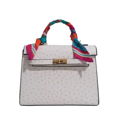 Small Women's Shoulder Bag with Ostrich Pattern, Silk Scarf Detail, Crossbody Strap - 9