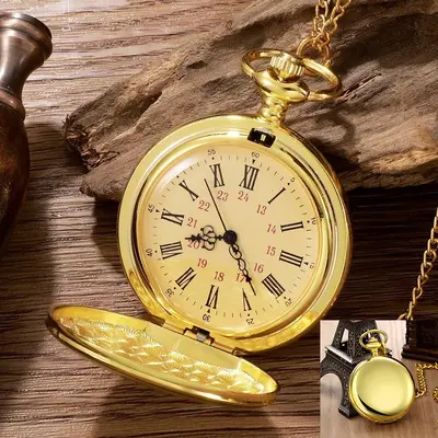 Vintage Taschenuhr mit Klapp-Deckel, Goldkette - 8