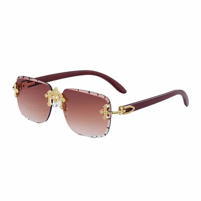 Retro Rimless Men's Sunglasses with Wood-Grain Temples - 9