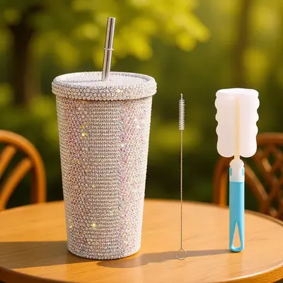 Doppelwandiger Edelstahlbecher mit Trinkhalm, Diamantbeschichtung, Geschenk