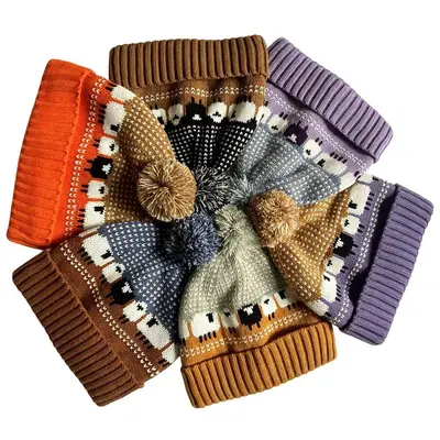 Fair Isle Retro Örgü Bere Kulak Korumalı Çocuk Ponpon Detaylı