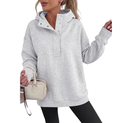 Women's Half-Button Loose Long-Sleeve Hooded Sweatshirt
