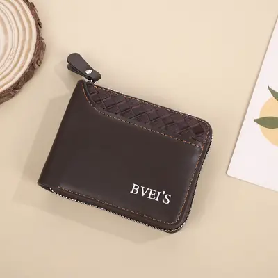Men's Zipper Wallet with Woven Patchwork and Coin Compartment - 10
