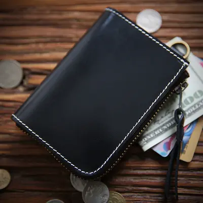 Handmade Retro Men's Wallet, Genuine Full-Grain Cowhide Leather, Short Zipper, Vertical - 9