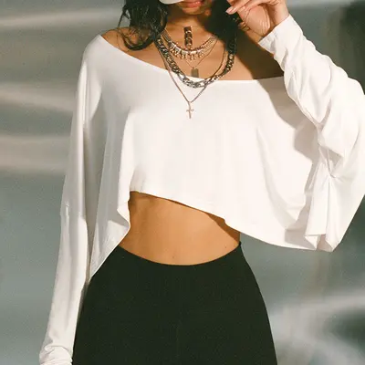 Damen Langarm-Crop-Sweatshirt, Schulterfrei, locker geschnitten - 8