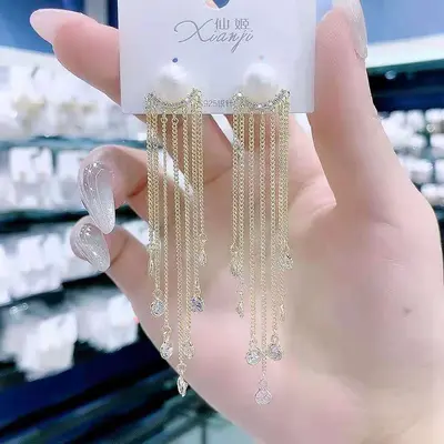Premium and elegant live streaming cross-border internet celebrity elegant earrings European and American fashion exaggerated rhinestone long tassel earrings for women - 11