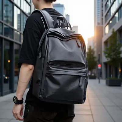 Men's Large Capacity Leather Backpack with Laptop Compartment - 1