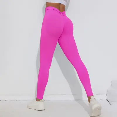 欧美纯色无缝蜜桃翘臀高腰紧身V腰瑜伽裤运动跑步健身九分裤 - 7