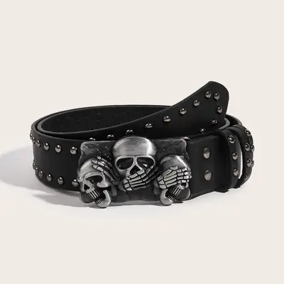 Yeni trend kuru kafa desenli erkek deri kemer, genç erkekler için punk çıtçıtlı günlük kemer, stokta toptan satış.