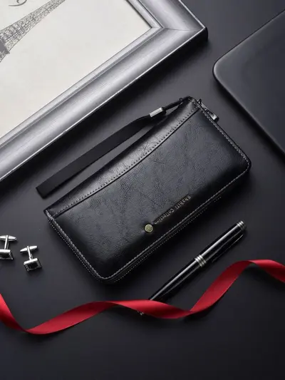 Men's Long Zipper Wallet with Multiple Card Slots, Large Capacity Leather Clutch - 1