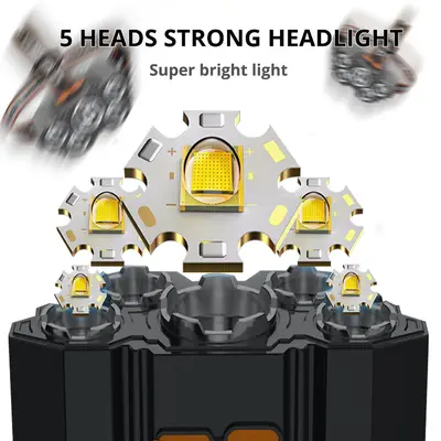 5-LED wiederaufladbare Stirnlampe, starkes Licht, wasserdicht