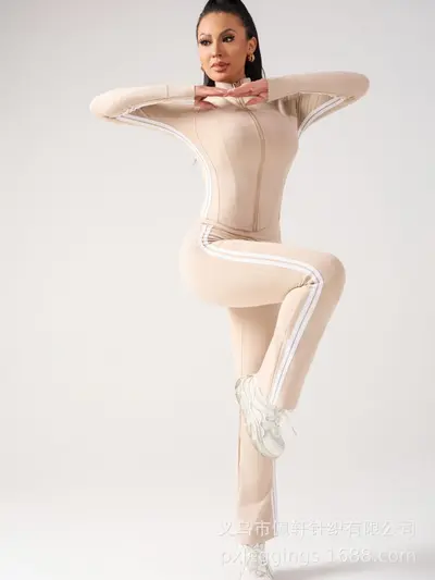 Kadın İki Parça Kontrast Şeritli Yoga Takımı, Sonbahar, Dış Mekan Koşu ve Fitness - 7