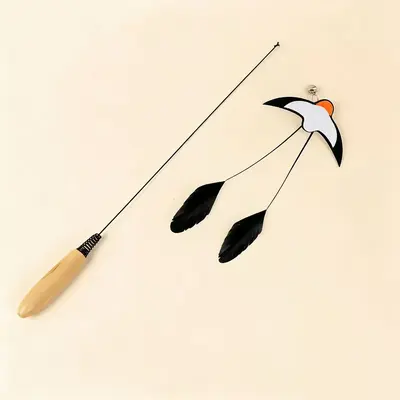 Cat Teaser Wand with Replacement Feather Head, Long Pole, Simulated Swallow - 10