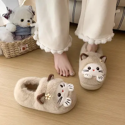 Cute Cat Plush Women's Slippers, Winter, Soft Sole - 7