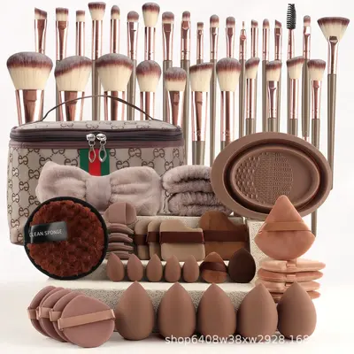67-Piece Brown Makeup Brush and Powder Puff Set, 30 Brushes - 7