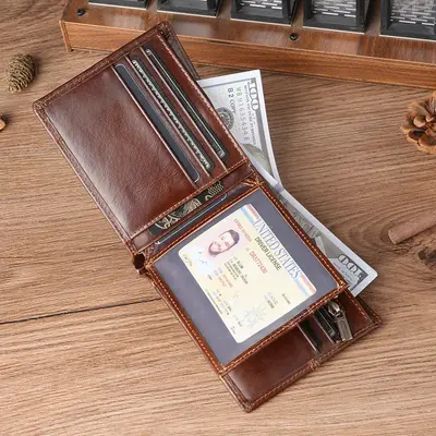 Men's Genuine Leather Short Wallet, Crazy Horse Leather, Compact - 3