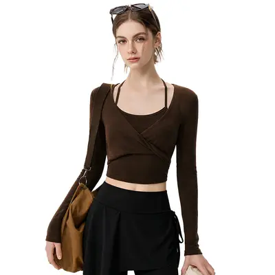 Yoga long sleeve top with halter neck and chest pad - 4