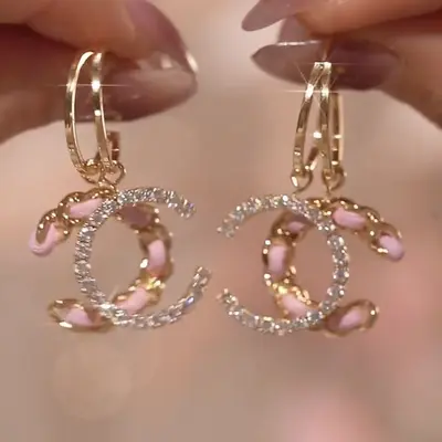 C-shaped pink leather rhinestone earrings, S925 silver needle - 5