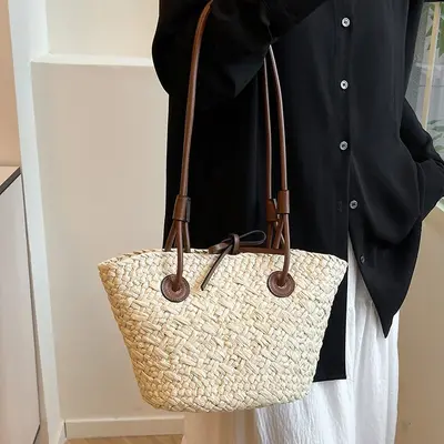 Women's Large Woven Straw Tote Beach Bag - 4