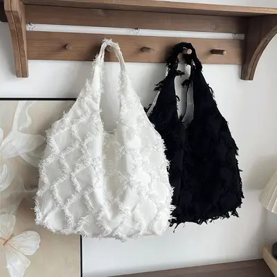 Batik Bej Rengi Püskül Kanvas Çanta Öğrenci Dersi Kadın Çantası Yelekli Çanta Büyük Kapasiteli Sanat Batik İşlemi