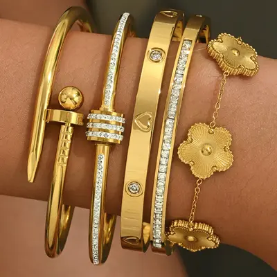 Stainless Steel Gold Bracelet Set Four-Leaf Clover Diamond - 10