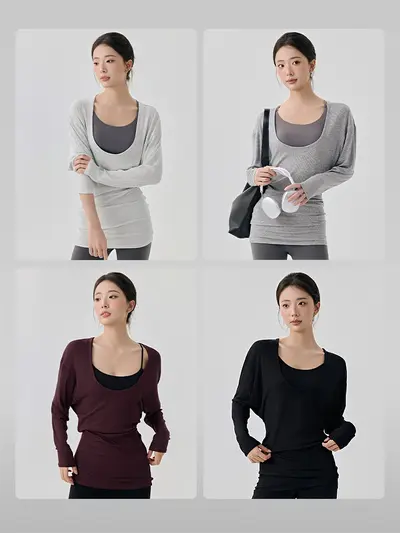 Large U-Neck Pilates Top for Women, Long Batwing Sleeves, Butt-Covering - 5