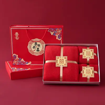 Hochzeits-Handtuch-Set aus verdicktem Frottee, 3-teilig, Wuju You Xi, rot, Korallenvlies, Handtuch und Badetuch, Hochzeitsgeschenk