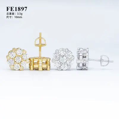S925 Silver 10mm Flower Stud Earrings, Full VVS Moissanite Pave