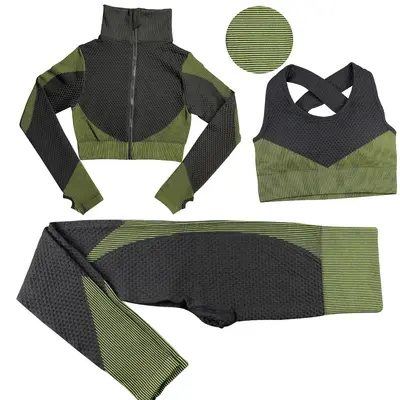 Women's Seamless Zipper Yoga Set, Three-Piece, Long Sleeve, Autumn Winter - 7