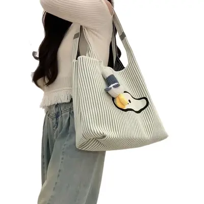 Knitted Handbag with Letter Print, Large Capacity, Solid Color Crossbody