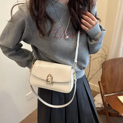 Textured Small Square Women's Bag with Locking Shoulder Strap - 3
