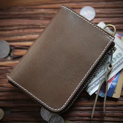 Handmade Retro Men's Wallet, Genuine Full-Grain Cowhide Leather, Short Zipper, Vertical - 11