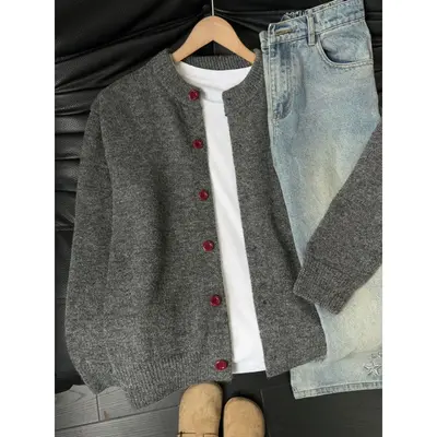 Khakifarbene Strickjacke für Herren mit Rundhals - 7