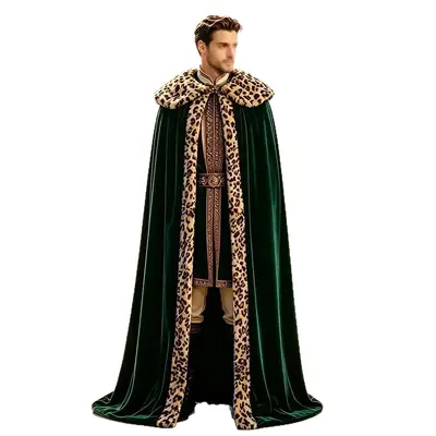 Unisex uzun yeşil pelerin, kadife leopar desenli, cadılar bayramı ve cosplay