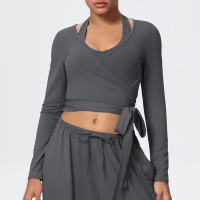 Women's Long Sleeve V-Neck Cross-Strap Quick-Dry Running Yoga Wear - 9