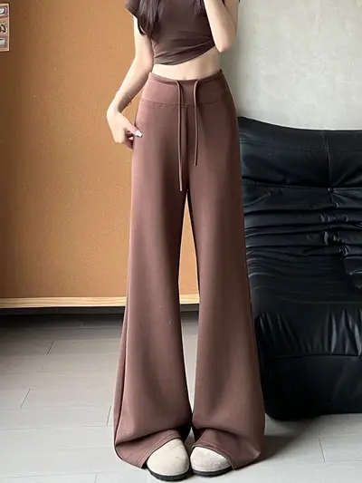 Kahverengi geniş paça pantolon, yüksek bel, bağcıklı