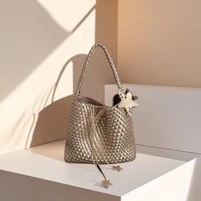 Champagne Hand-Woven Women's Tote Bag, Large Capacity - 7