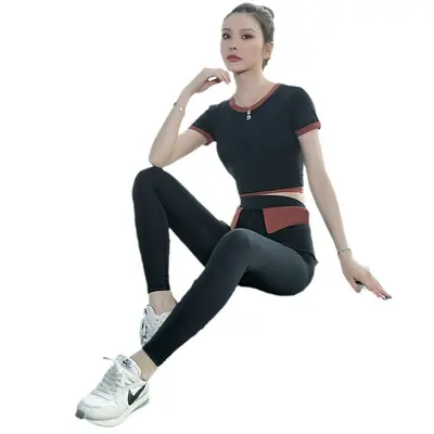 Women's Yoga Set Short Sleeve Detachable Belt Quick-Dry Pilates Wear - 5