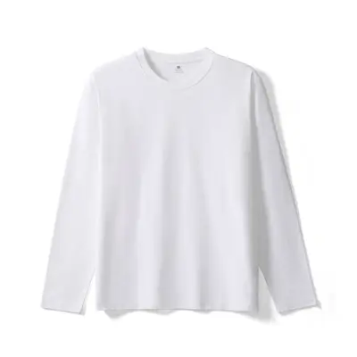 Unisex Solid Color Loose Long-Sleeve Round-Neck T-Shirt, White - 7