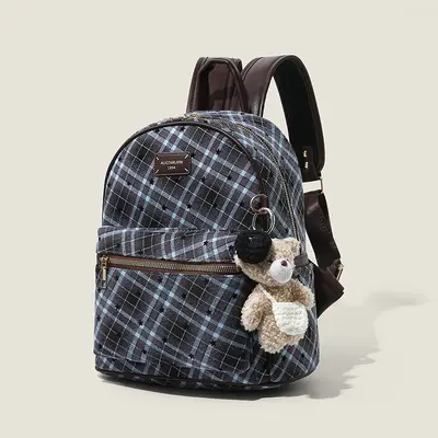 2026 Blue Plaid Star Print Backpack, Campus Style Schoolbag