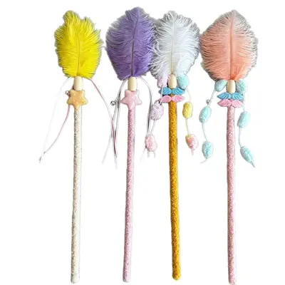 Ostrich Feather Cat Teaser Wand with Plush Wooden Stick - 6
